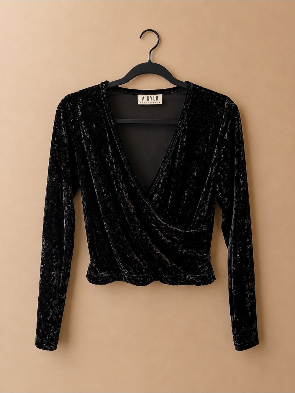 A. Byer Black Crushed Velvet Wrap-Front Long Sleeve Top
